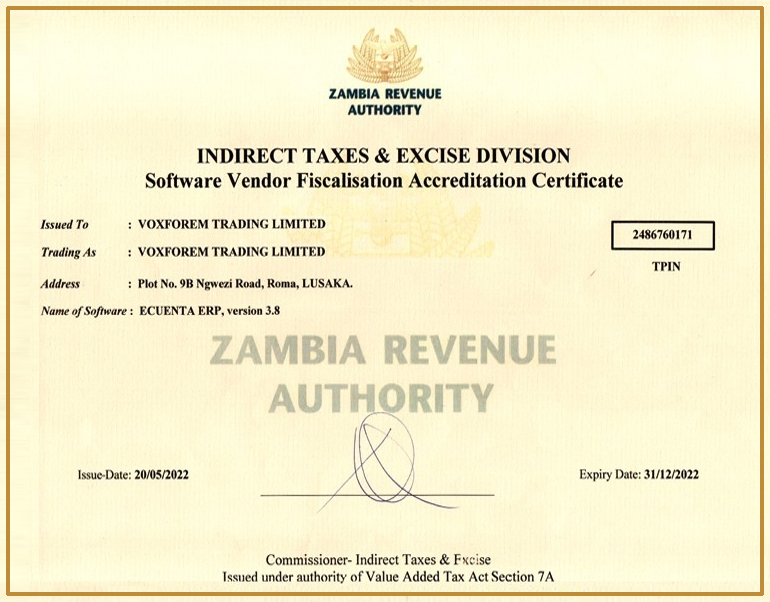 ZRA Accounting Software Certificate