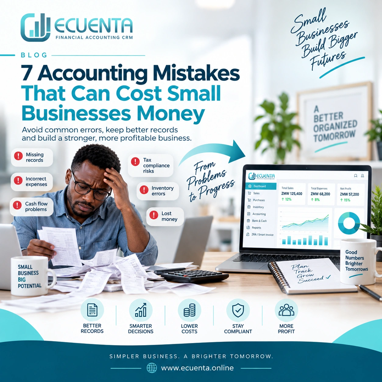 Small business owner reviewing accounting records and receipts